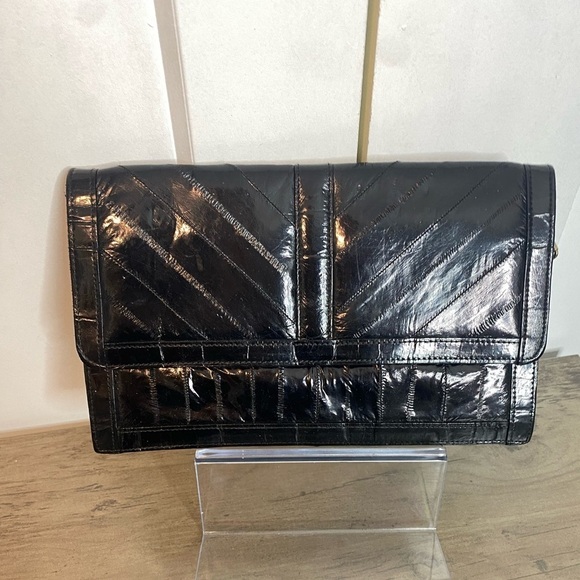 Vintage Handbags - Vintage Black Eel Skin Clutch - leather of the Sea